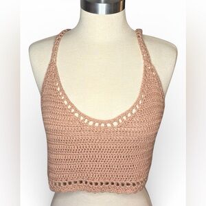 Debut Dusty Rose Crochet Halter Crop Top Boho Open Back